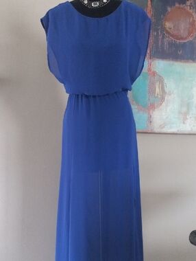 Lush Royal Blue Maxi Dress with Black Neck Trim Size M Sheer Dress